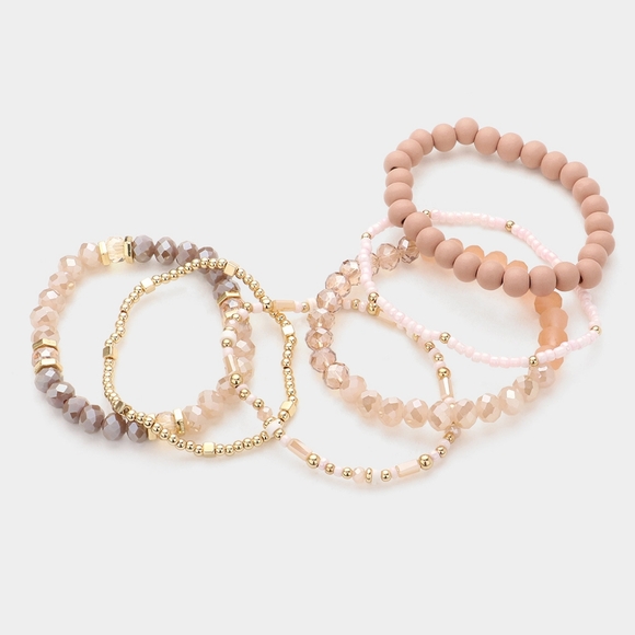 Pink Wood Ball Beaded 6 Piece Stacked MultiLayered Stretch Bracelets Gold - Picture 2 of 5